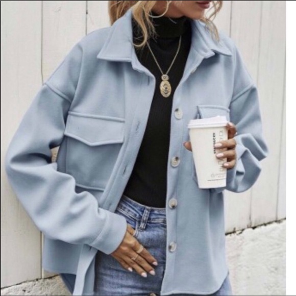 Boyfriend Jacket blue button up jacket over shirt front pockets - Picture 9 of 13